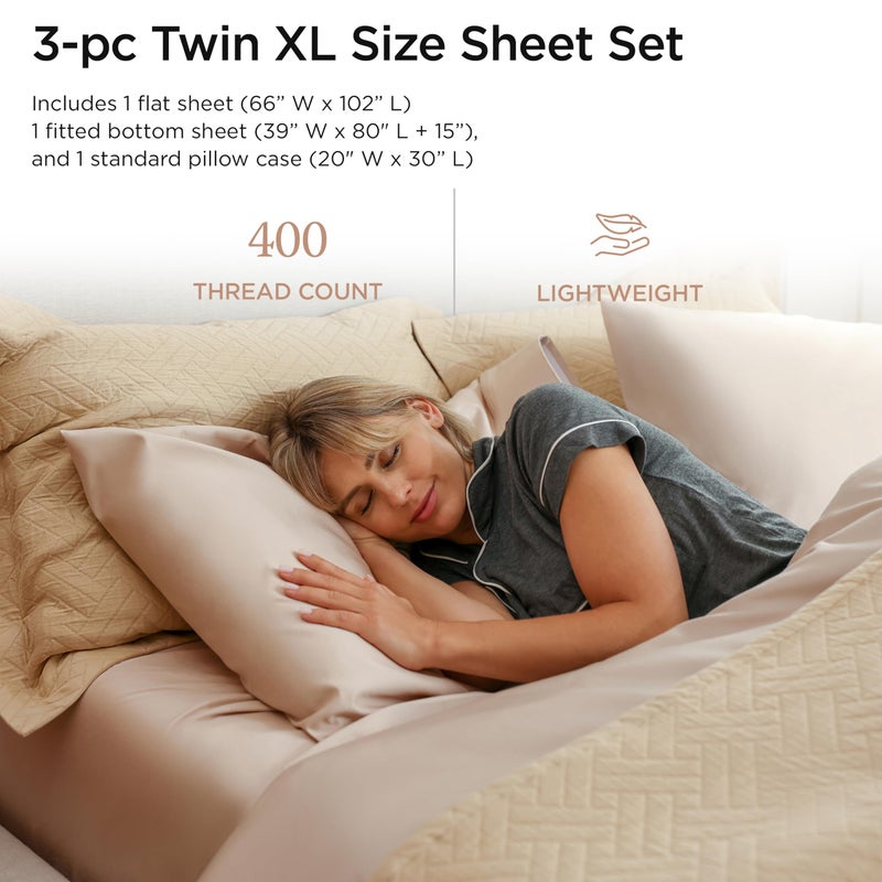 Threadmill Egyptian Cotton Twin XL Sheet Set | 100% Certified Egyptian Cotton Sheets for Twin XL Size Bed | Sateen Twin XL Bed Sheets Set Deep Pocket | Soft Hotel 3-Piece Cooling Sheet Set | Beige - Image 2